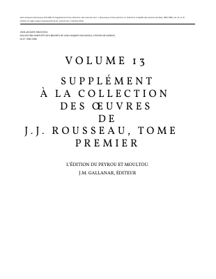 Couverture de Rousseau - Oeuvres 13 - Supplément 1 (rousseauonline)